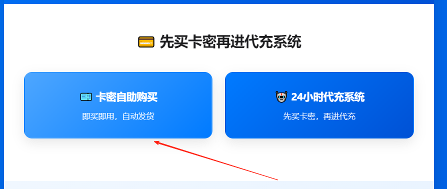 网站首页，突出“卡密自助购买”按钮